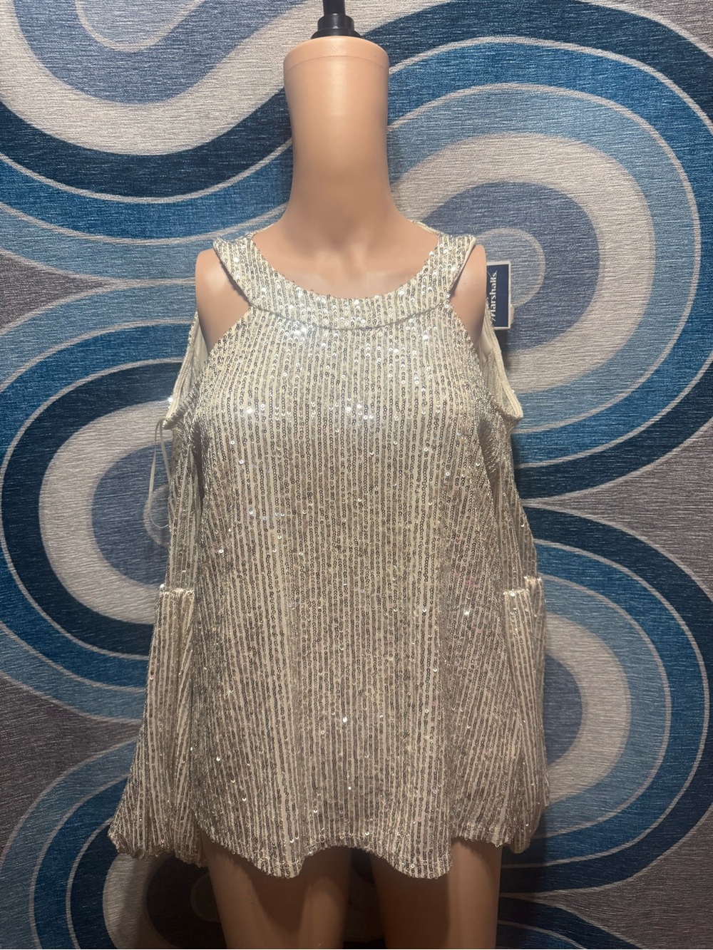 CeCe Silver Sequin Cold-Shoulder Blouse